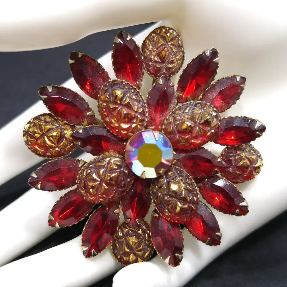 Judy Lee Red Rhinestone Brooch, Red Gold Molded Glass Petals, 1960s Vintage